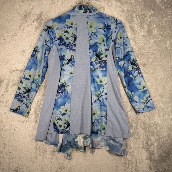 Soft Surroundings Sweater Womens Medium Blue Tea Garden Topper Floral Birds Boho - Picture 3 of 10